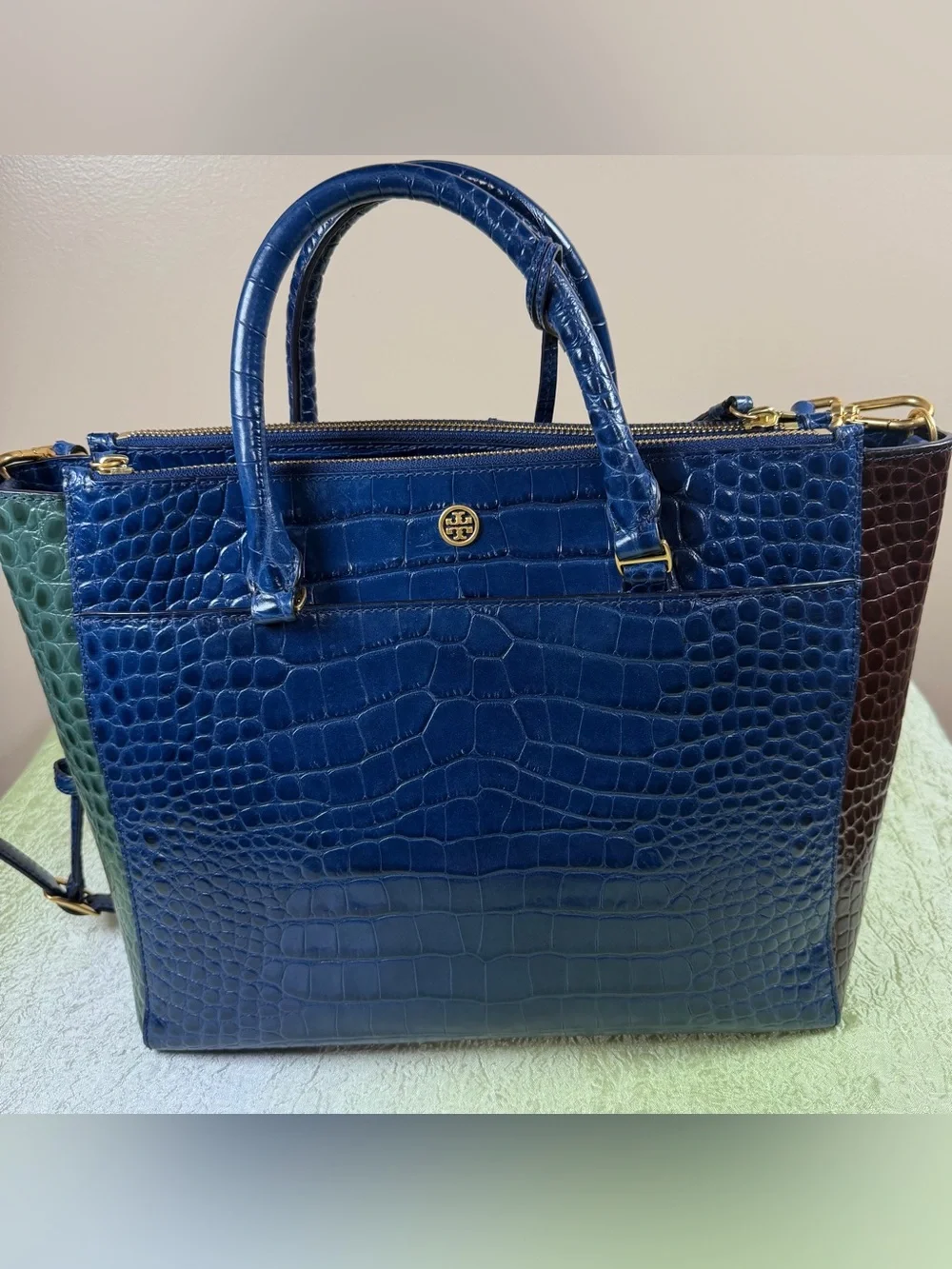 Tory Burch Blue Croc-Embossed Leather Multi-Color Satchel